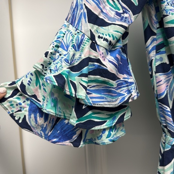 Lilly Pulitzer Blue Teal Calla Off The Shoulder Romper - Picture 7 of 14